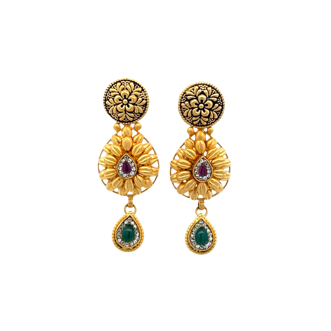 22K Yellow Gold CZ Diamond Ruby Emerald Enamel Earrings