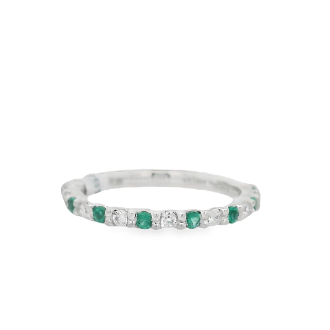18K White Gold 0.19ct Diamond and Emerald Women's Wedding Band - CLT Jewels
