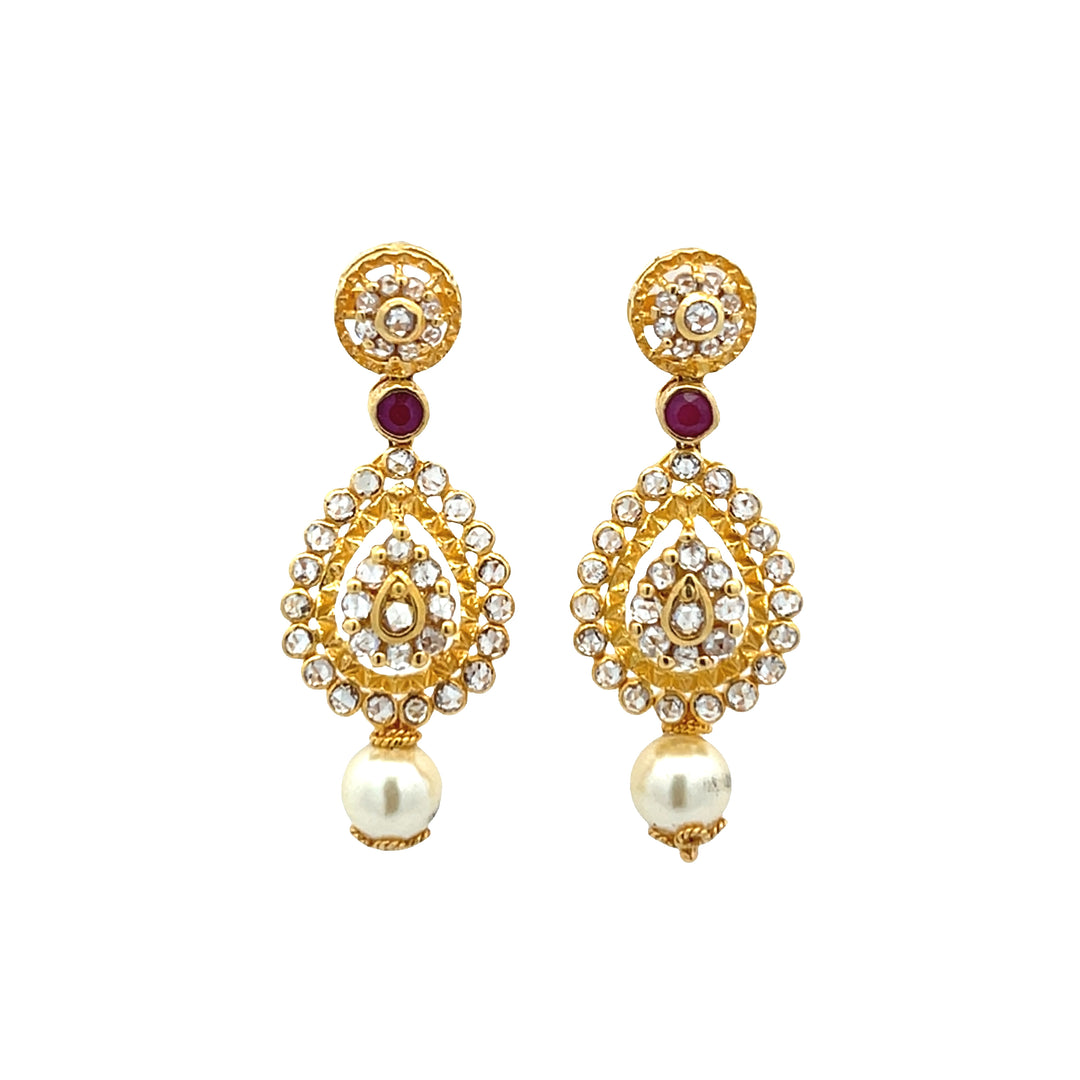 22K Yellow Gold Ruby Pearl CZ Dangle Earrings