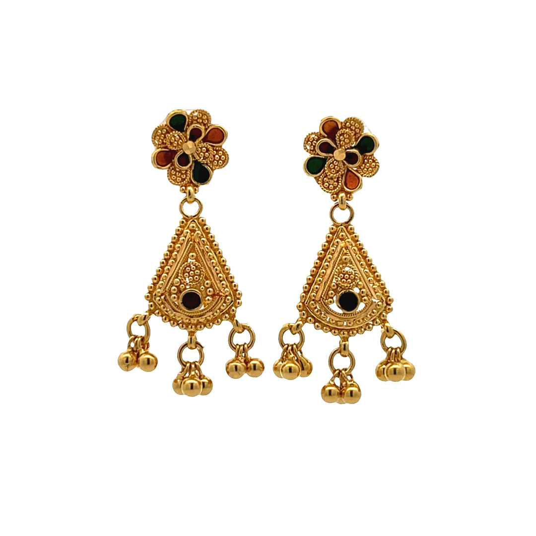 22K Yellow Gold Enamel Dangle Earrings with Screwback
