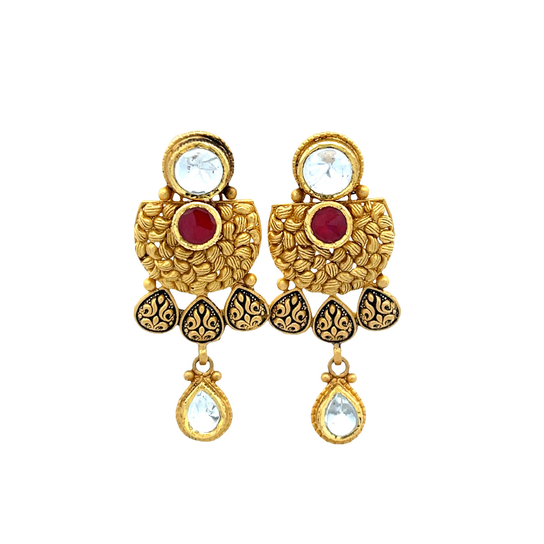 22K Yellow Gold Ruby CZ Diamond Dangle Earrings