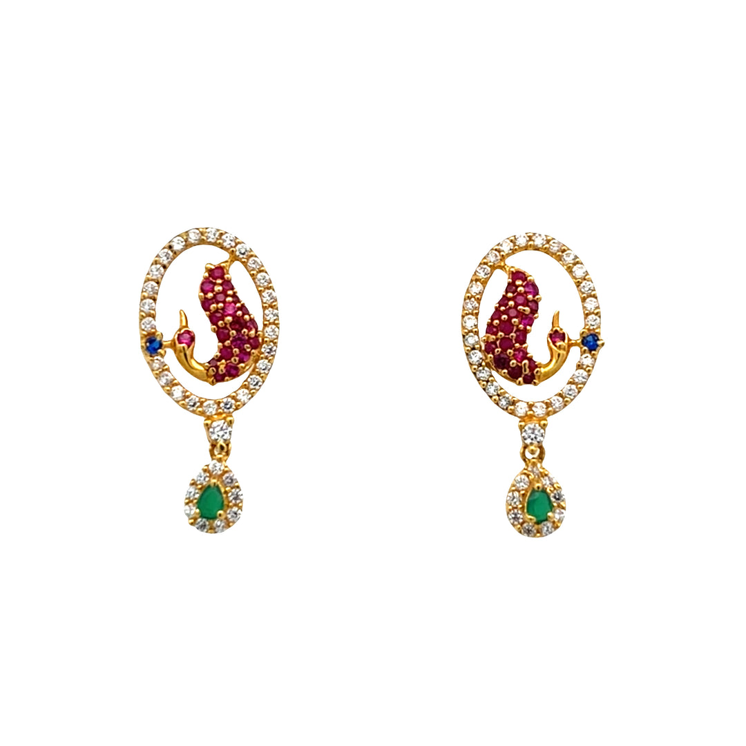 22K Yellow Gold Multi-Color Gem CZ Drop Earrings