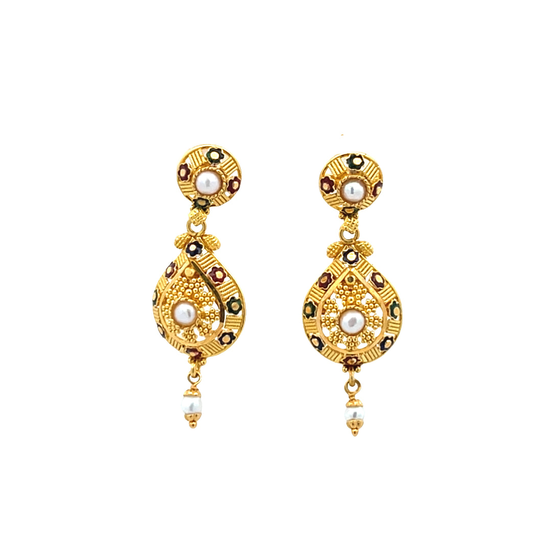 22K Yellow Gold Pearl Enamel Dangle Earrings