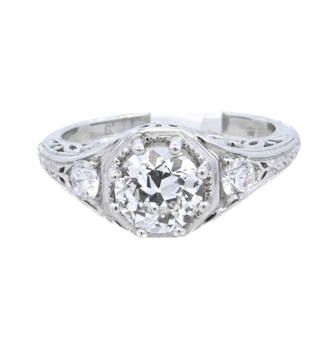 18K White Round Diamond 0.89Ct Vintage Engagement Ring - CLT Jewels