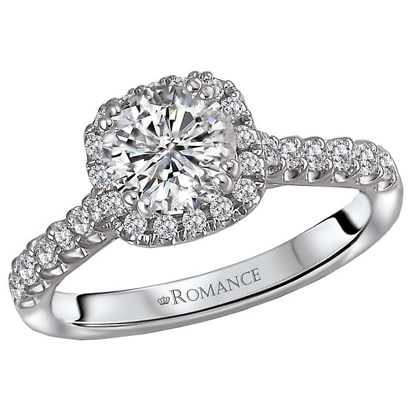 Elegant diamond engagement ring with halo design and ROMANCE engraving, perfect for Charlotte proposals