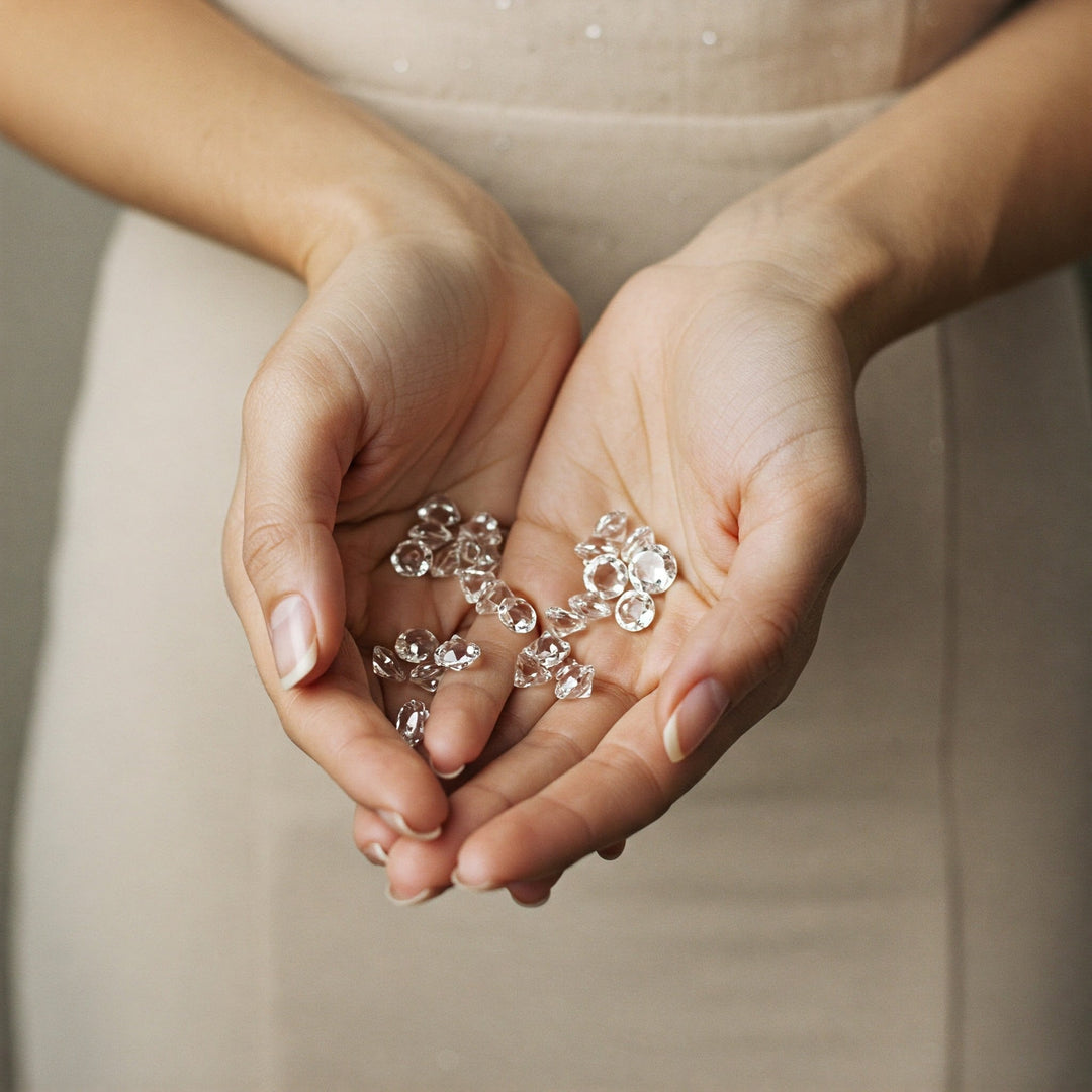 Hands holding loose diamonds for engagement rings and gemstone jewelry