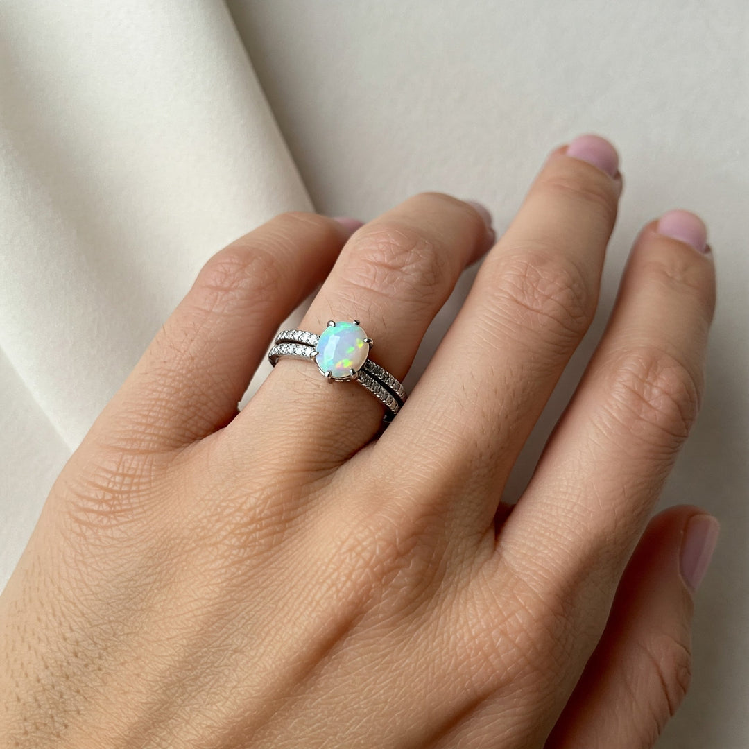 Opal engagement ring with diamond band, elegant gemstone jewelry for women