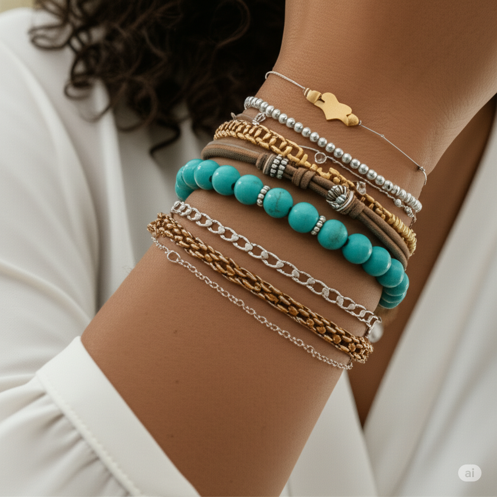 Layered turquoise beaded and chain bracelets for women, perfect for everyday wear or gifting.