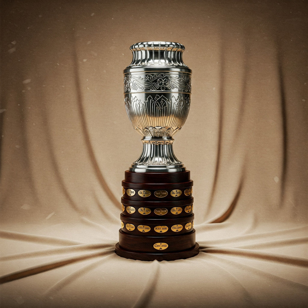 Elegant silver trophy with engraved details and wooden base, displayed on draped fabric