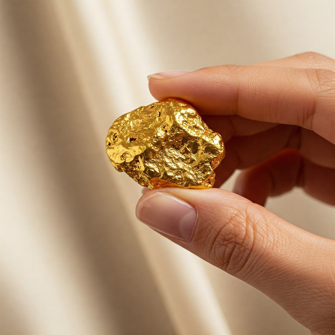 Hand holding a natural gold nugget, showcasing raw gold for jewelry crafting in Charlotte, NC