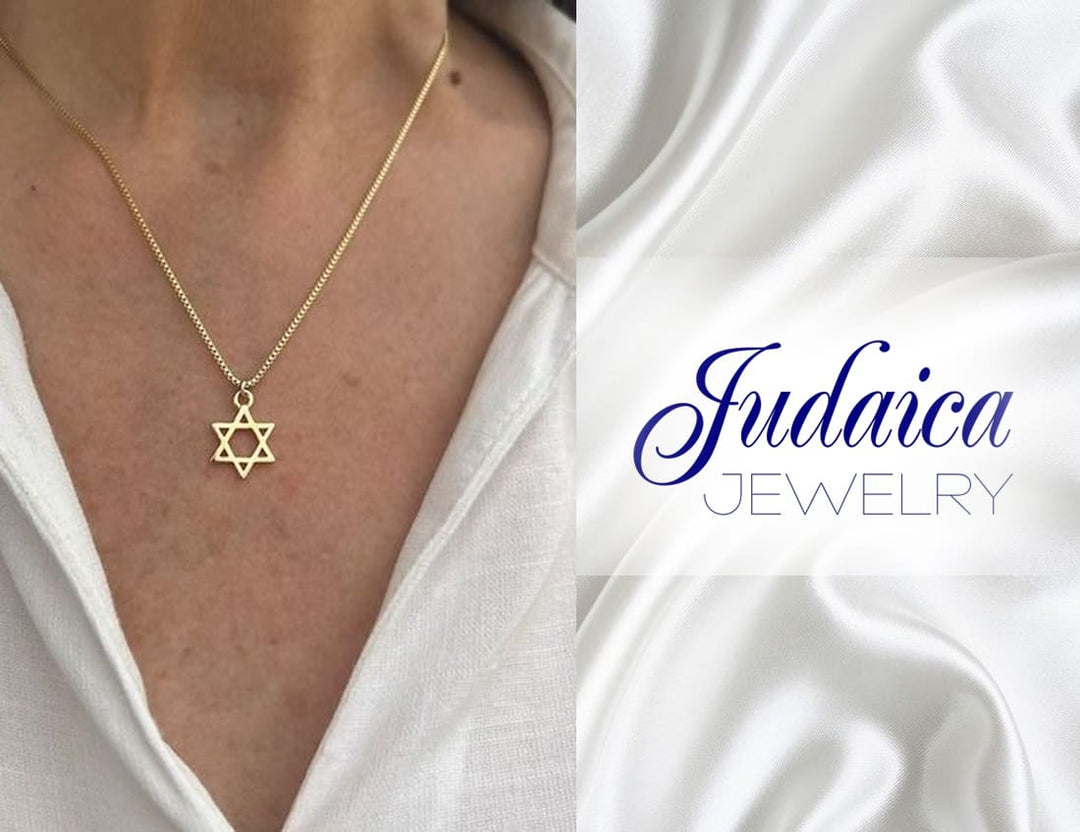 Gold Star of David necklace on woman, Judaica jewelry collection
