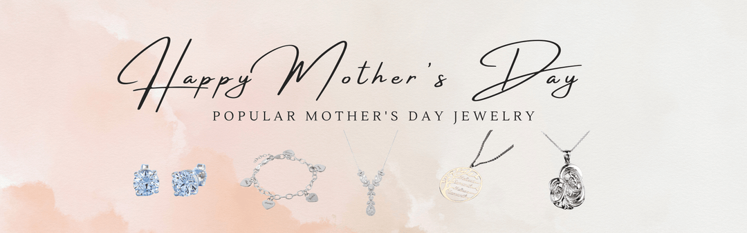 Mother's Day jewelry collection featuring earrings, bracelets, and necklaces with diamonds and gemstones
