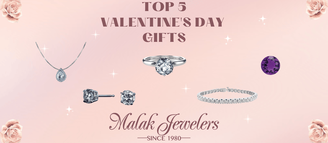 Top 5 Valentine's Day jewelry gifts: diamond ring, necklace, earrings, bracelet, gemstone — perfect for romance