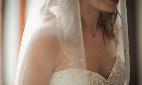 Bride in lace wedding dress with veil and delicate necklace, perfect for engagement or bridal jewelry