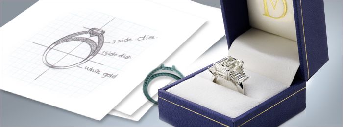 Elegant engagement ring in blue box with design sketch, white gold, side diamonds