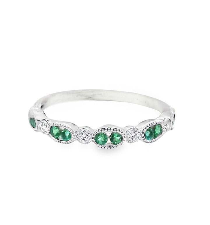 14K White Gold Emerald & Diamond Wedding Band