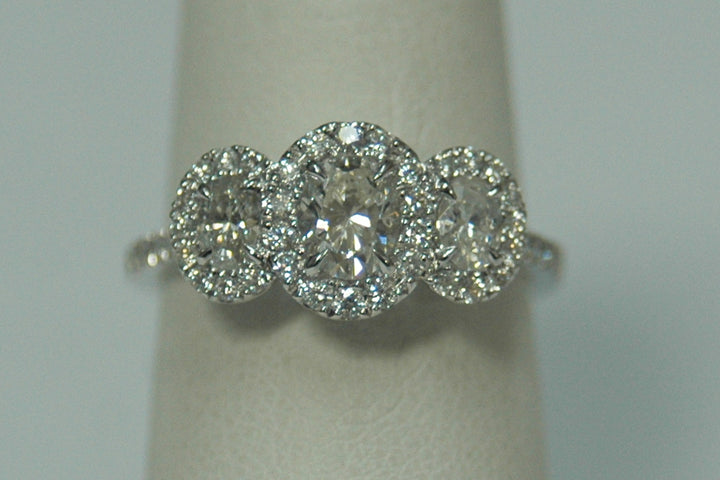 14K White Oval Diamond 0.76Ct 3 Stone Engagement Ring