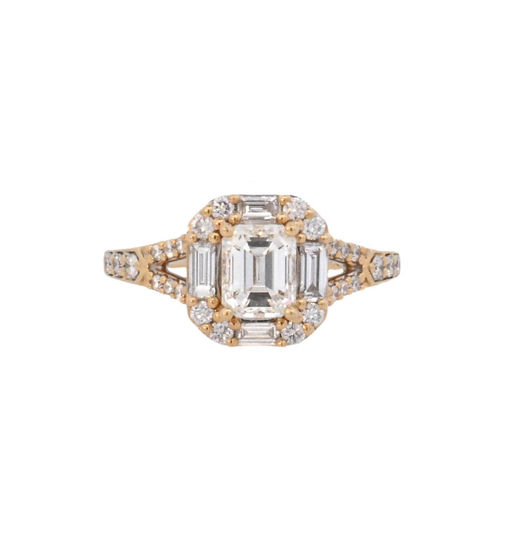 18K Yellow Emerald- Cut Diamond 0.25Ct Halo Engagement Ring