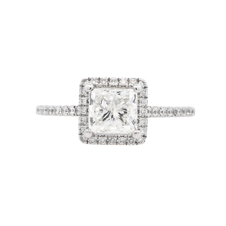 14K White Princess Diamond 0.90Ct Halo Engagement Ring