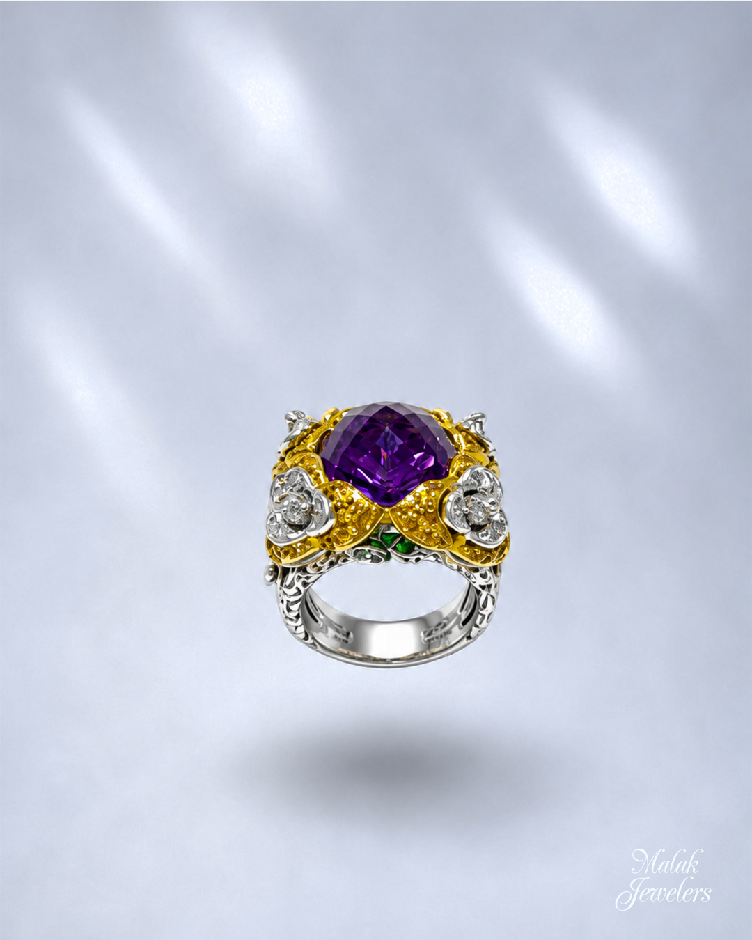 18K Yellow and White Gold Amethyst, Citrine, Peridot & Diamond Estate Ring