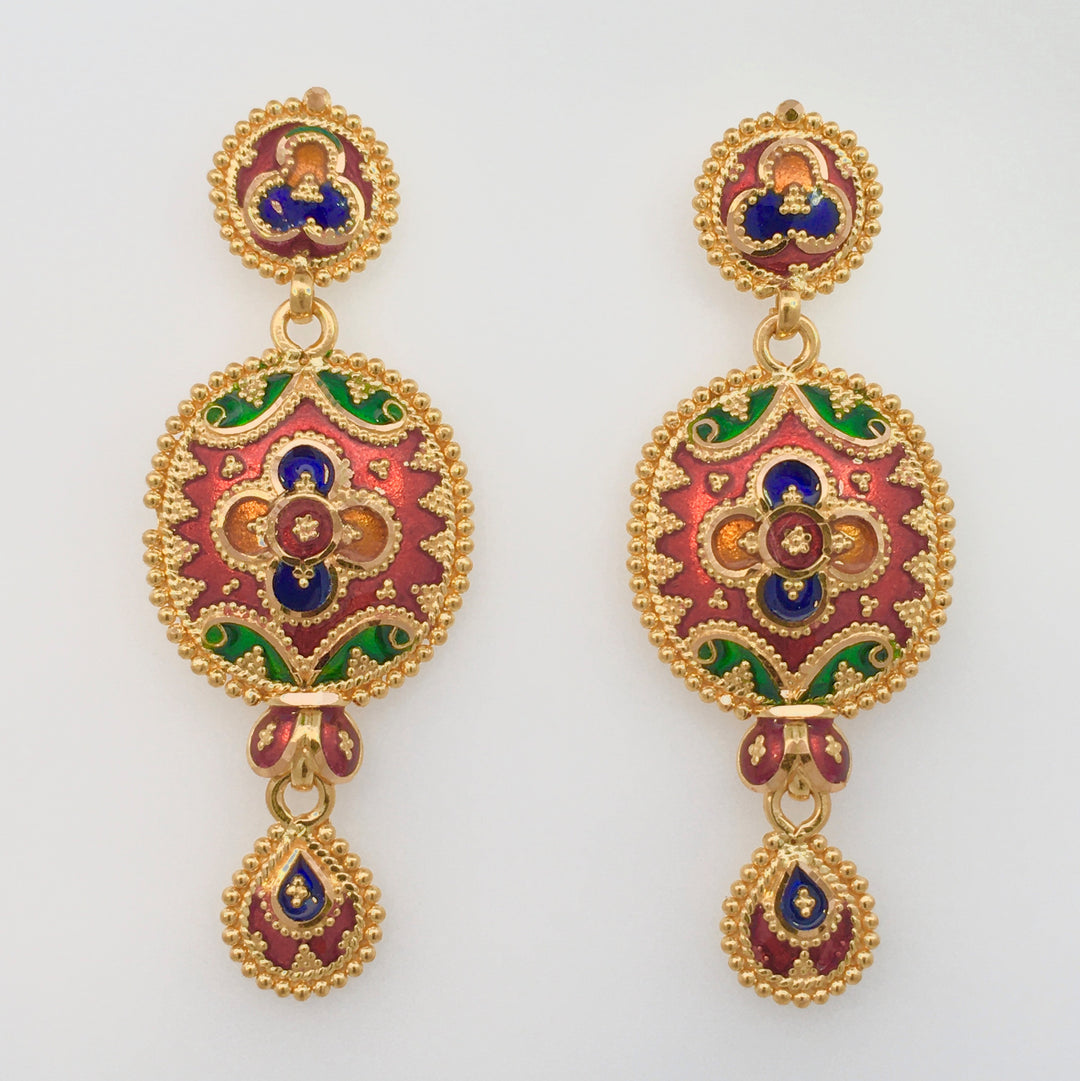 22K Yellow Gold Traditional Meenakari Dangle Earrings