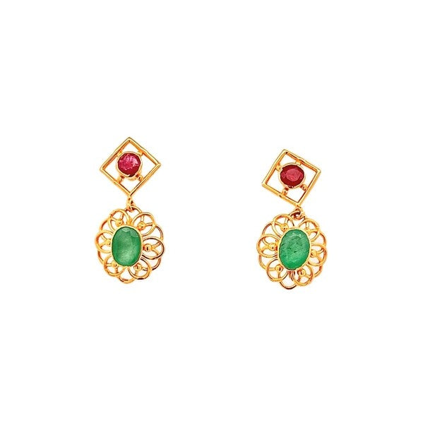 22K Yellow Gold Ruby & Emerald Dangle Earrings