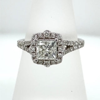 14K White Princess Diamond 1.00Ct Halo Engagement Ring