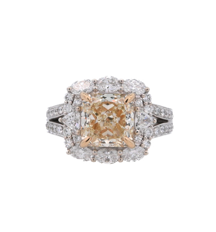 18K Two- Tone Cushion Yellow Diamond 4.02Ct Halo Engagement Ring