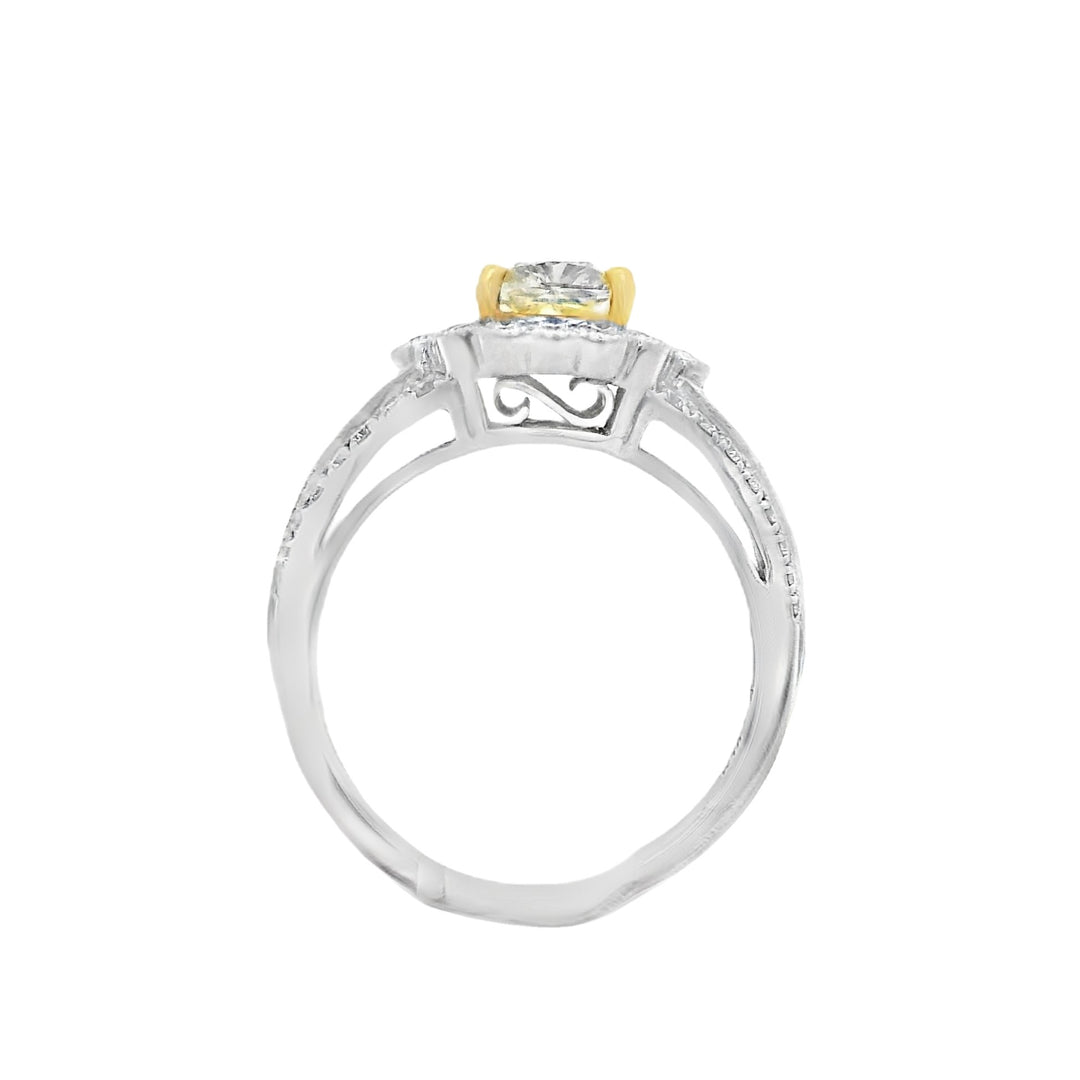 18K Two- Tone Cushion Diamond 1.03Ct Halo Engagement Ring