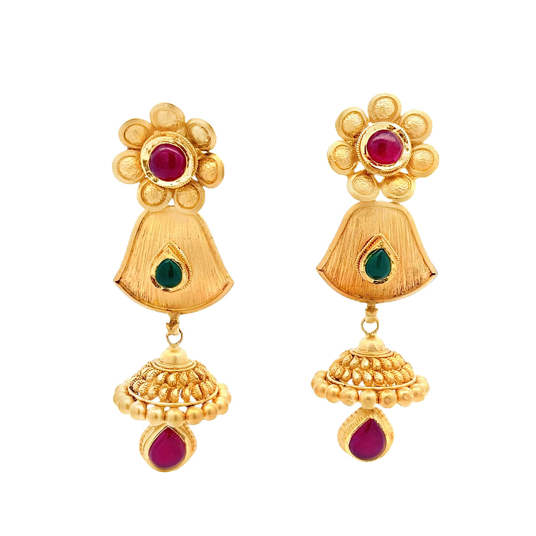 22K Yellow Gold Ruby Emerald Dangle Earrings