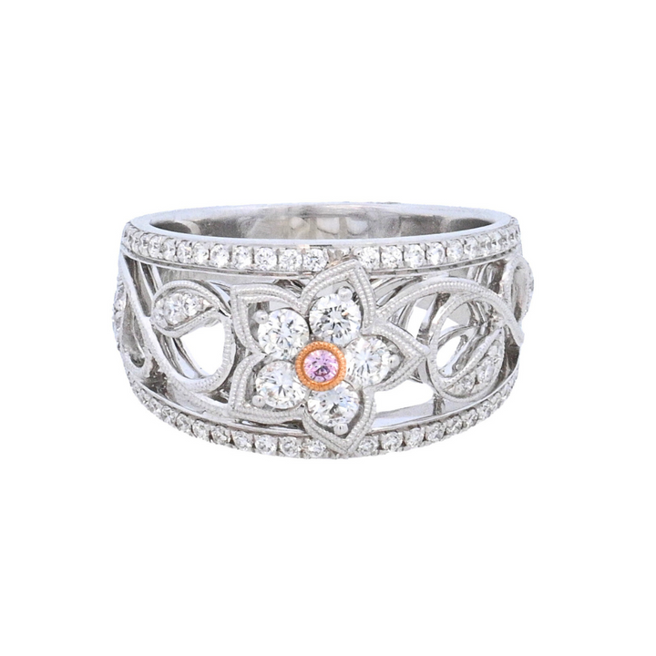 18K White Gold Pink & Round Diamond Fashion Ring