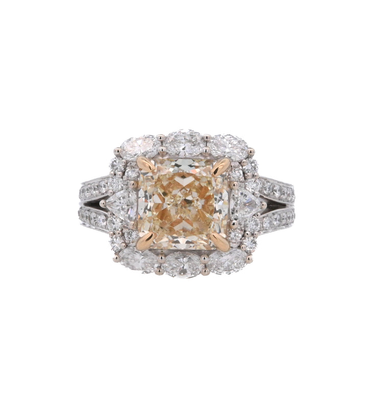 18K Two-Tone 4.02Ct Yellow Cushion Diamond Halo Ring