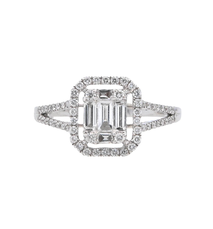 18K White Emerald- Cut Diamond 0.70Ct Halo Engagement Ring