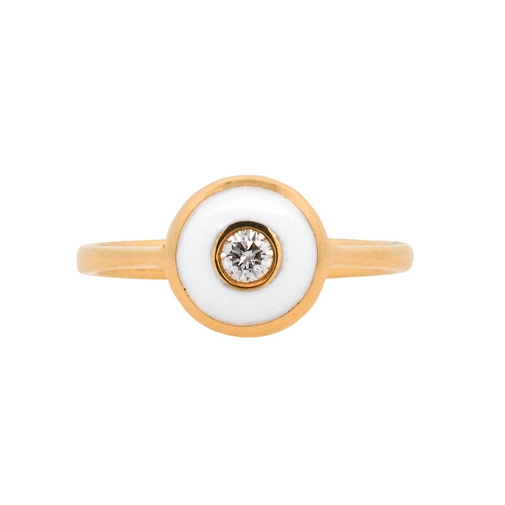 18K Yellow Gold 0.11ct Diamond White Enamel Ring