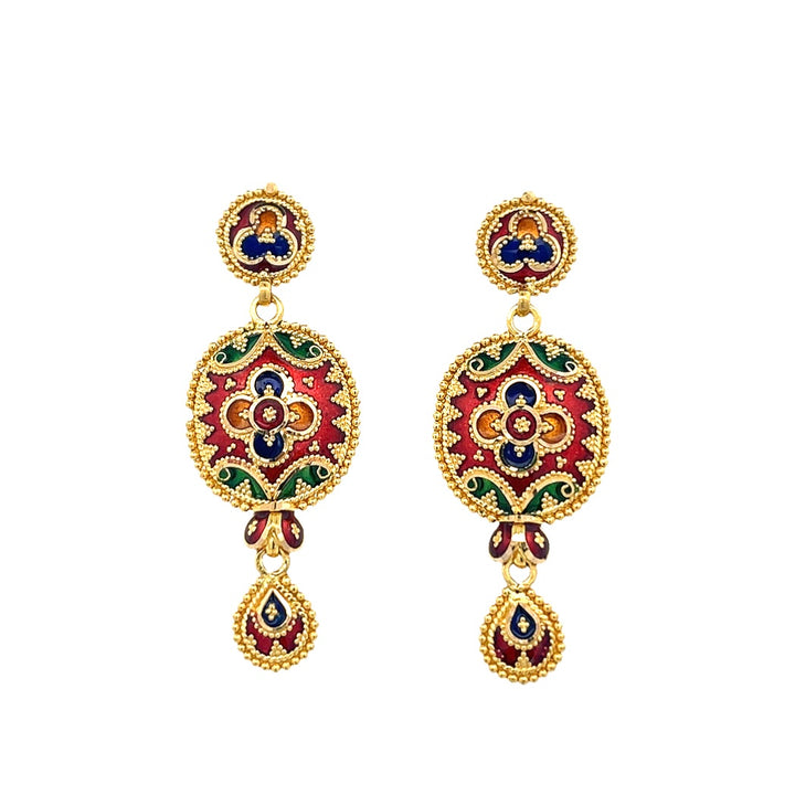 22K Yellow Gold Traditional Meenakari Dangle Earrings