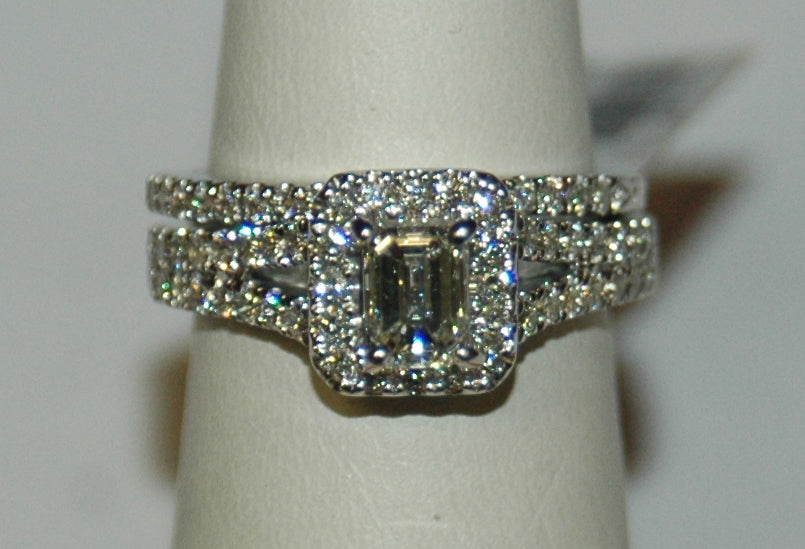 14K White Gold 0.80Ct Emerald Cut Diamond Halo Ring