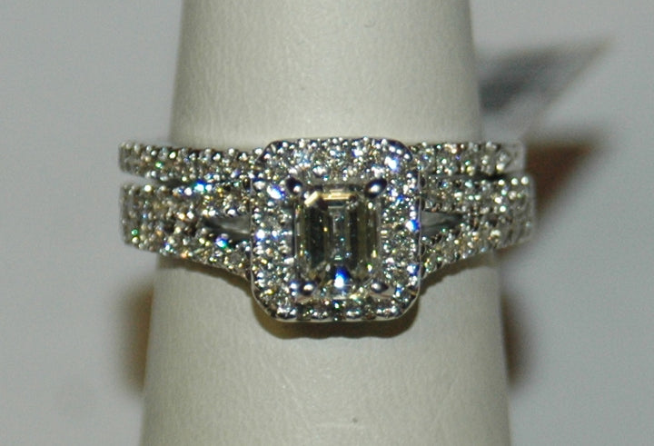 14K White Gold 0.80Ct Emerald Cut Diamond Halo Ring