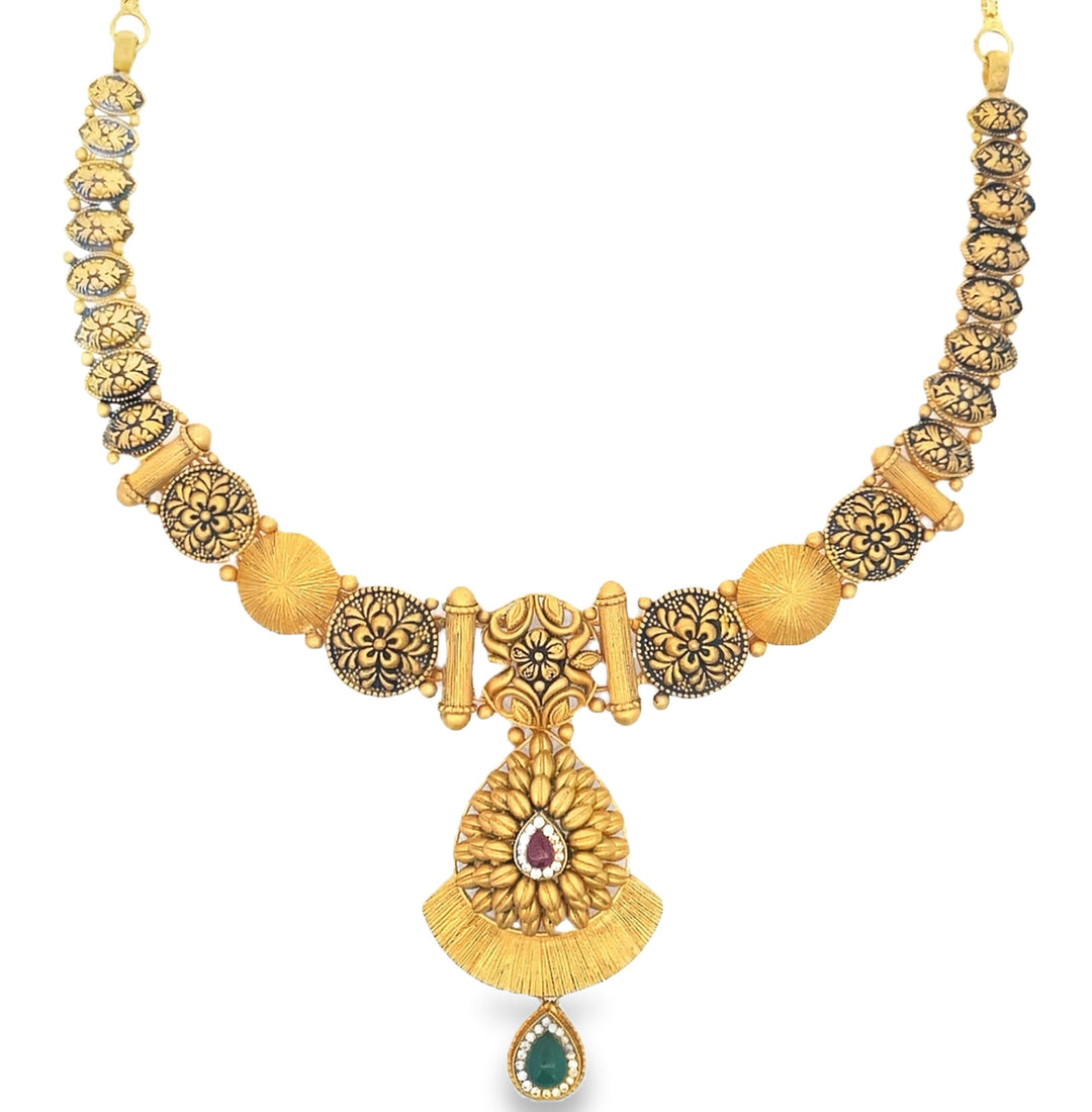 22K Yellow Gold CZ Diamond Ruby Emerald Dangle Necklace
