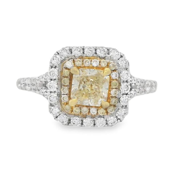 18K Two- Tone Princess Yellow Diamond 0.62Ct Double Halo Engagement Ring