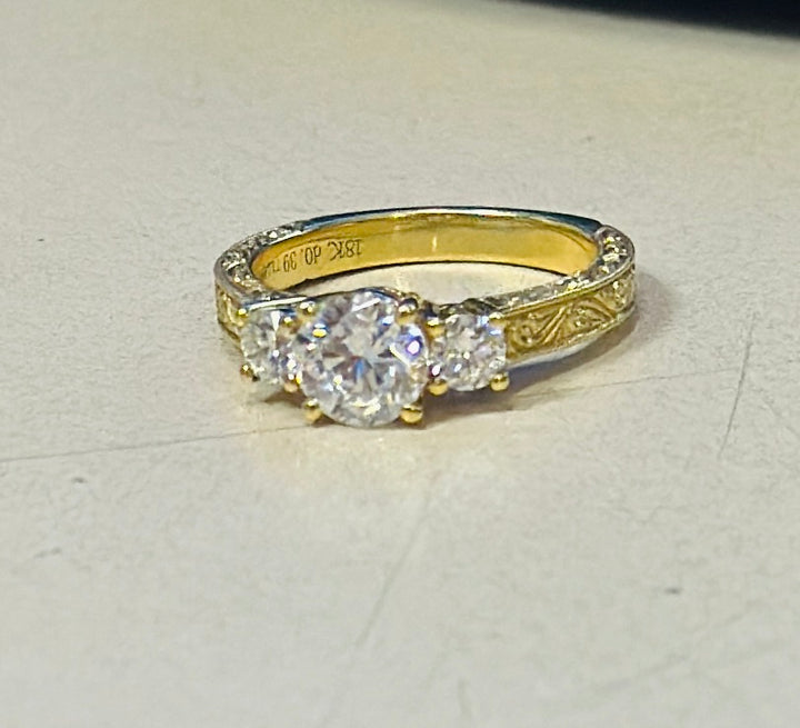 18K Yellow Gold 3-Stone CZ & Diamond Women's Ring