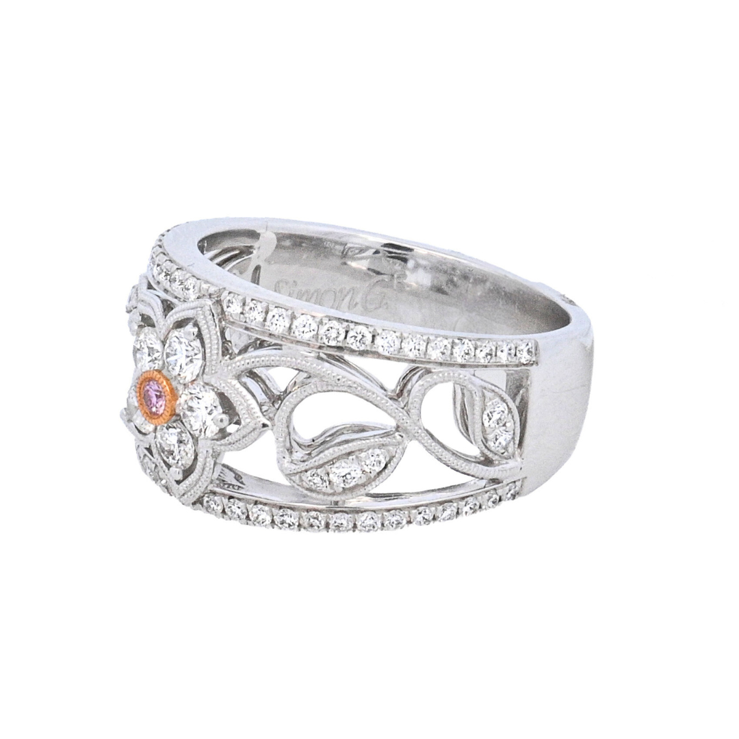 18K White Gold Pink & Round Diamond Fashion Ring