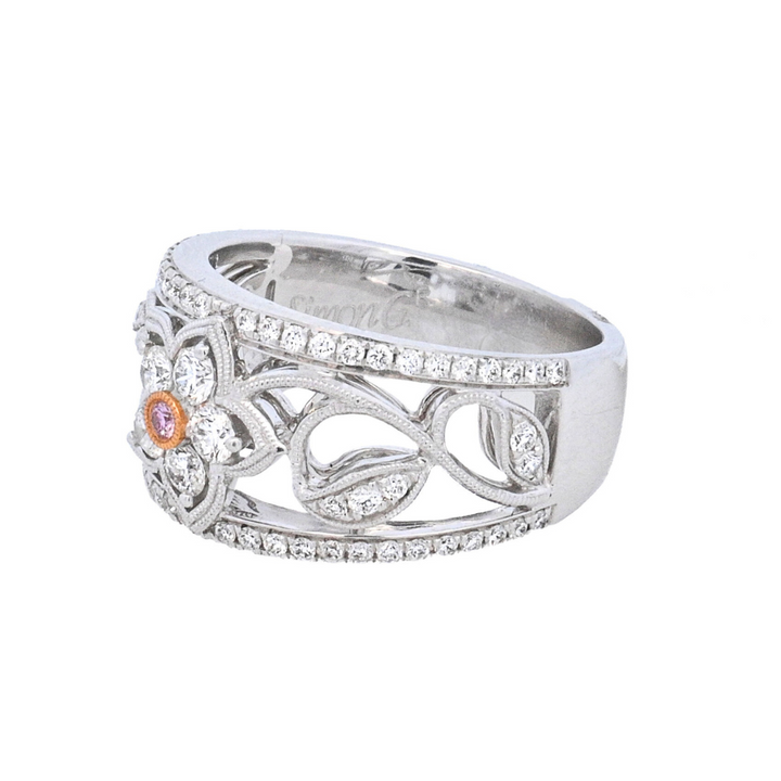 18K White Gold Pink & Round Diamond Fashion Ring