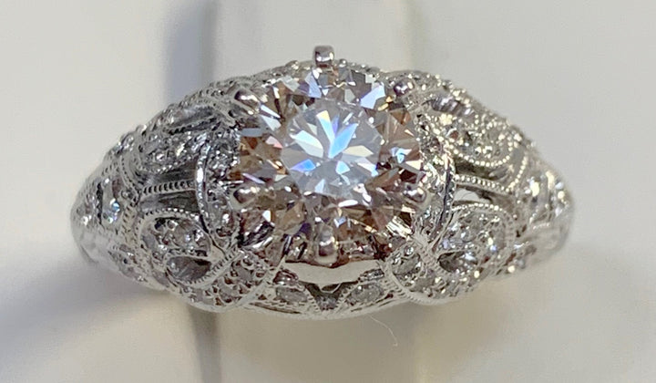 14K White Round Diamond 0.90Ct Vintage Engagement Ring