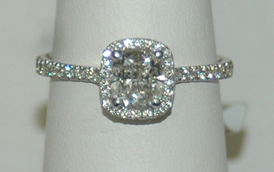 14K White Gold 0.80Ct Cushion Diamond Halo Ring