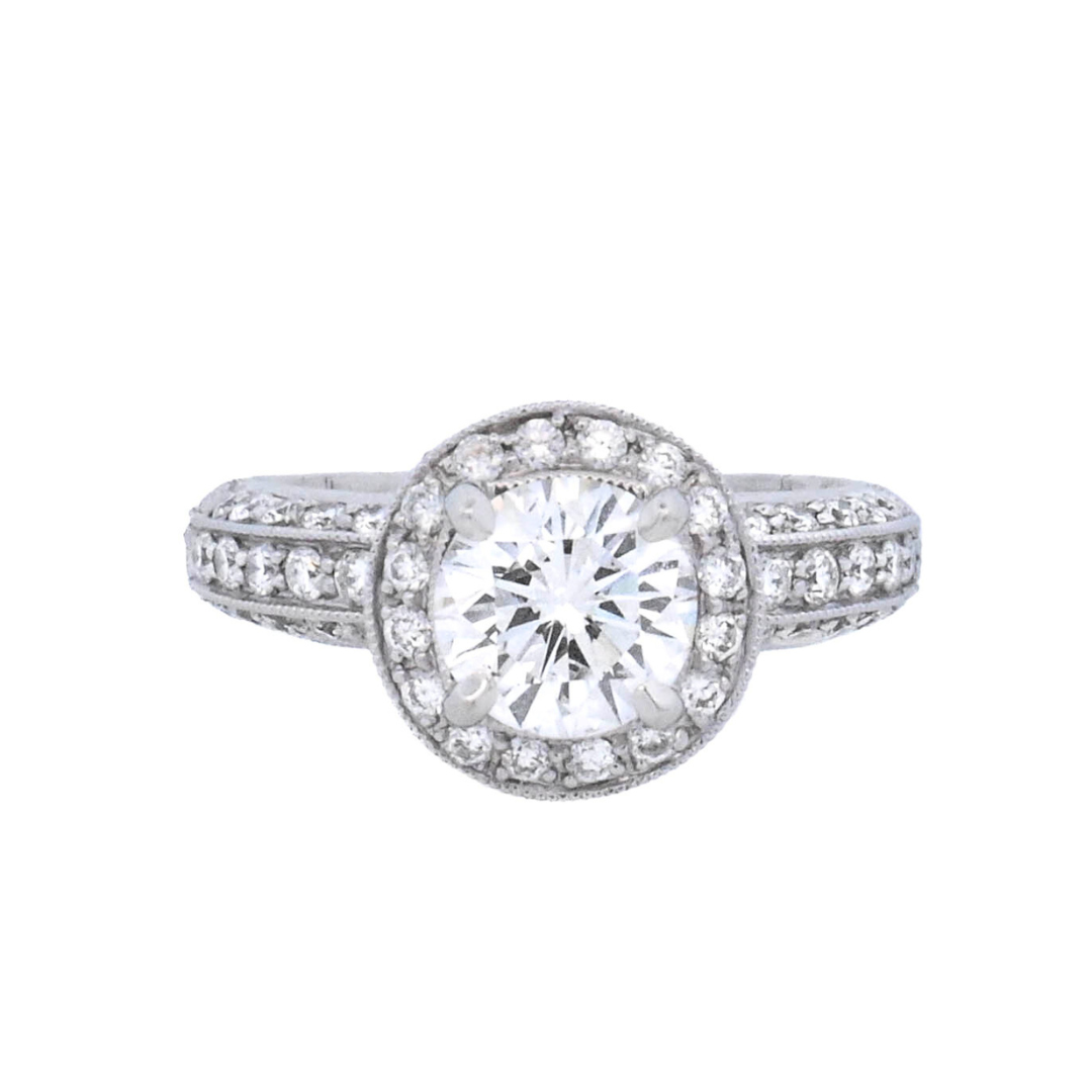 18K White Gold 1.07Ct Round Diamond Halo Engagement Ring