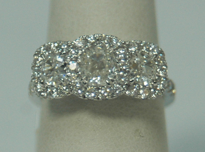 14K White Cushion Diamond 0.98Ct 3 Stone Engagement Ring