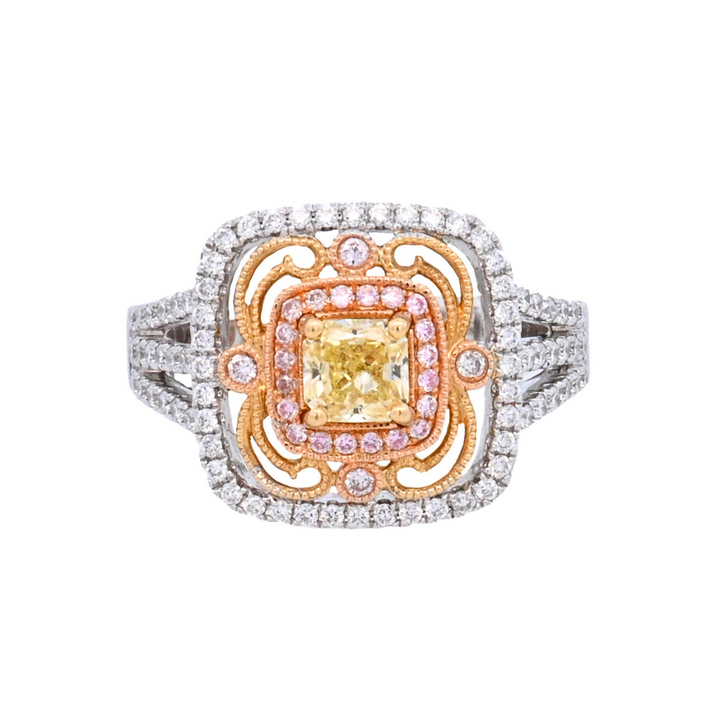 14K Tri-Color Yellow Diamond Cluster Fashion Ring