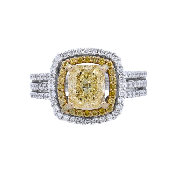 18K White Gold 1.63CT Fancy Yellow Radiant Diamond Halo Ring