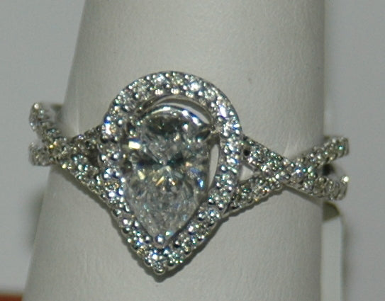 14K White Gold Pear Diamond Halo Engagement Ring