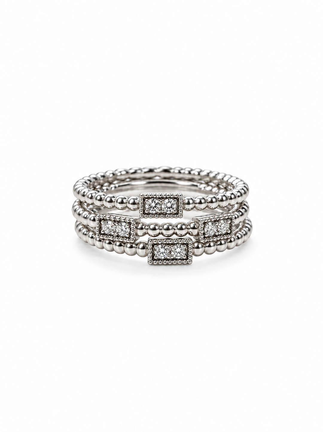 14K White Gold Stacked Beaded Diamond Wedding Band